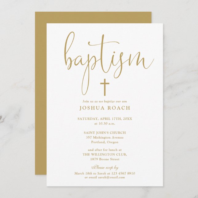 Modern Elegant Gold Script Baptism Invitation (Front/Back)