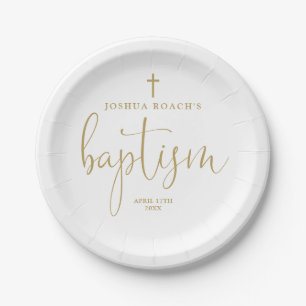Modern Elegant Gold Script Baptism Paper Plate