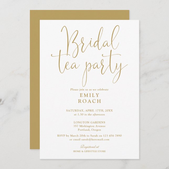 Modern Elegant Gold Script Bridal Tea Party Shower Invitation (Front/Back)
