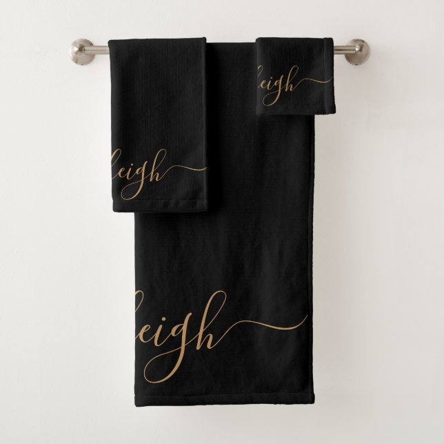Modern Elegant Gold Script Name Black Bath Towel Set (Insitu)