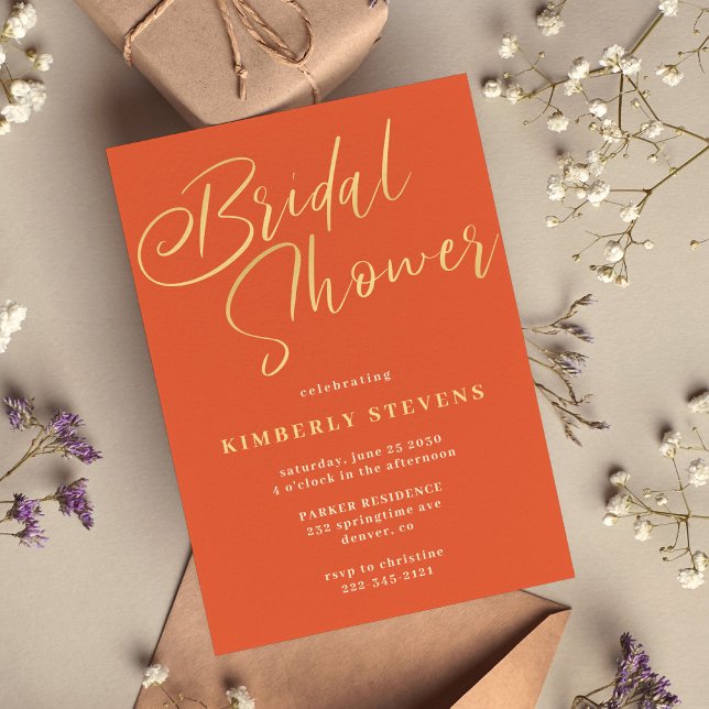 Modern elegant gold script orange bridal shower invitation (Creator Uploaded)
