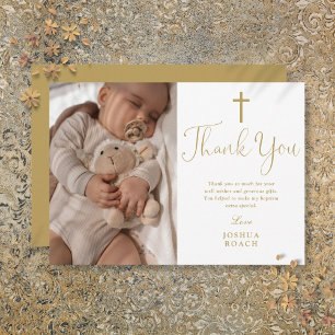 Modern Elegant Gold Script Photo Baptism Thank You Card