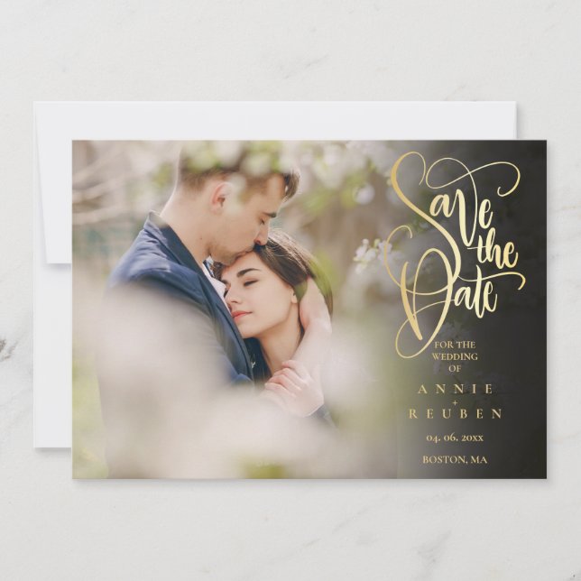 Modern Elegant Gold Script Photo QR Code Save The Date (Front)