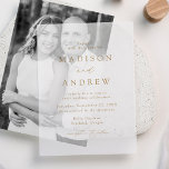 Modern Elegant Gold Script Wedding Vellum Invitations<br><div class="desc">Add a touch of luxury to your big day with our Modern Elegance vellum wedding invitations. Featuring your wedding details in stunning gold lettering accented by elegant calligraphy script, this design is printed on a sheer vellum background for a sophisticated and contemporary look. Perfect for couples seeking a minimalist yet...</div>