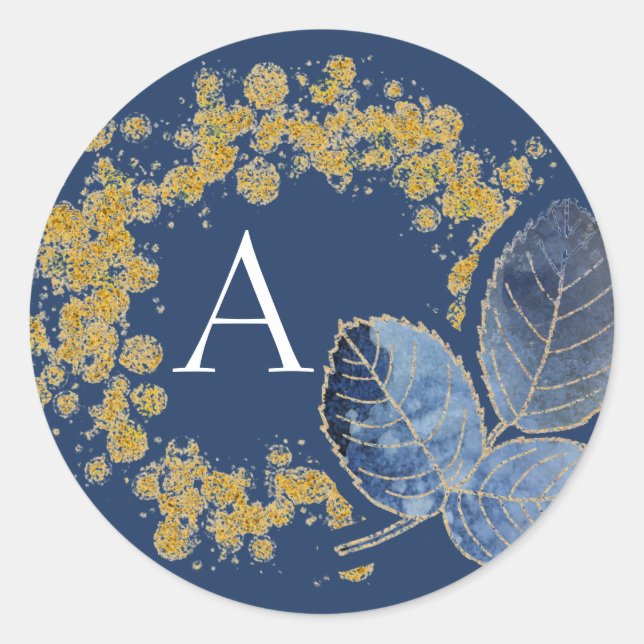 Modern Elegant Gold Sparkle Blue Monogram Initial Classic Round Sticker (Front)