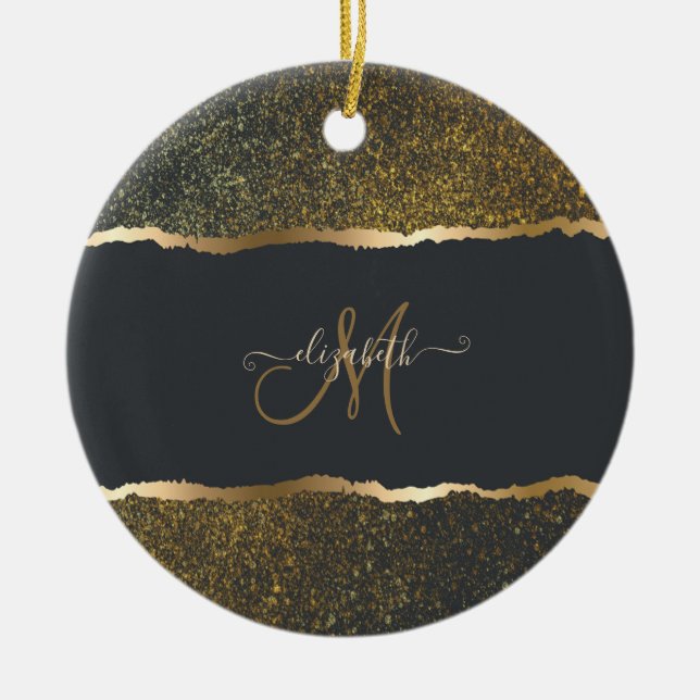 Modern Elegant Gold Touch Monogram Ceramic Ornament (Front)