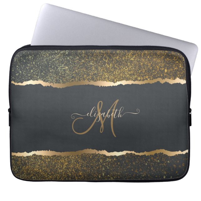 Modern Elegant Gold Touch Monogram Laptop Sleeve (Front)