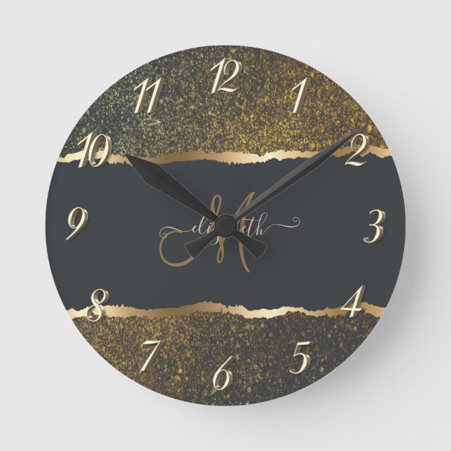 Modern Elegant Gold Touch Monogram Round Clock (Front)