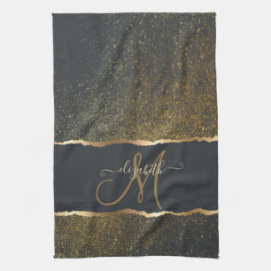 Modern Elegant Gold Touch Monogram Tea Towel