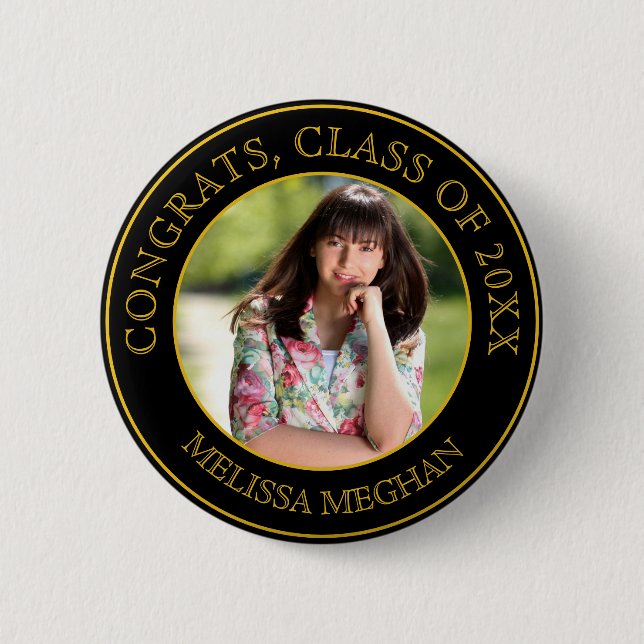 Modern Elegant Gold Typography Graduate Photo Gift 6 Cm Round Badge (Front)