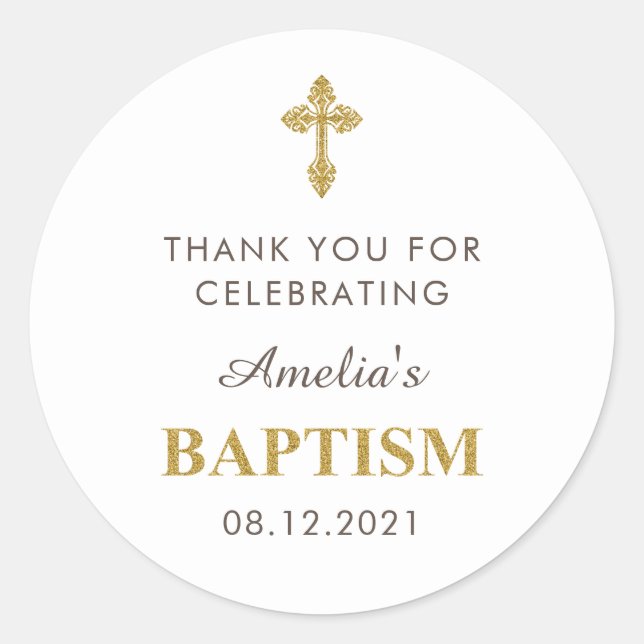 Modern Elegant Gold & White Baptism Thank You Classic Round Sticker (Front)