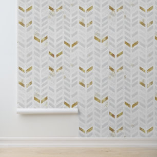 Modern Elegant Gold White Grey Painted Chevron Wallpaper