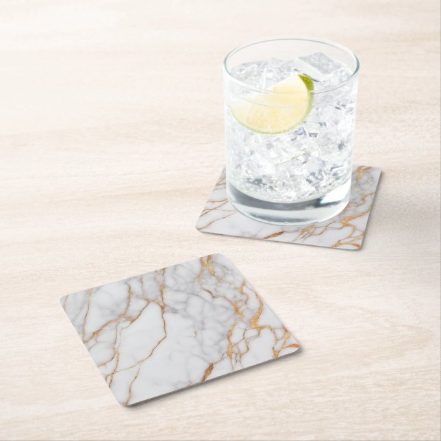 Modern Elegant Gold White Marble Square Paper Coaster (Insitu)
