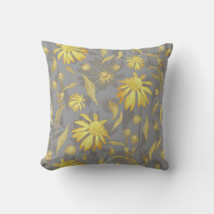 Modern Elegant Gold Yellow Grey Cone Flowers Cushion