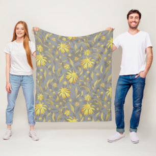 Modern Elegant Gold Yellow Grey Cone Flowers Fleece Blanket