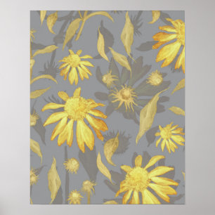 Modern Elegant Gold Yellow Grey Cone Flowers Poster