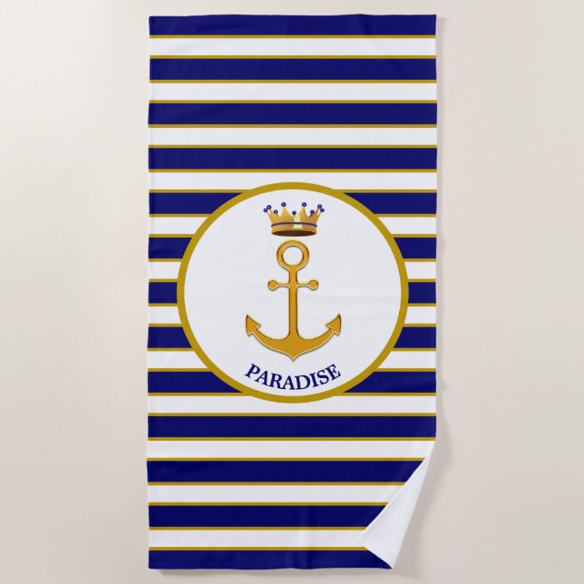 Modern elegant golden anchor & crown beach towel (Front)