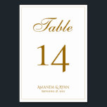 Modern Elegant Golden Script Wedding Table Number<br><div class="desc">Modern Elegant Script Wedding Table Number. The card is modern and elegant with a thin border and a script in golden colour. Customise each card separately for each table number and put it separately in your cart. Personalise all the text on the table card.</div>
