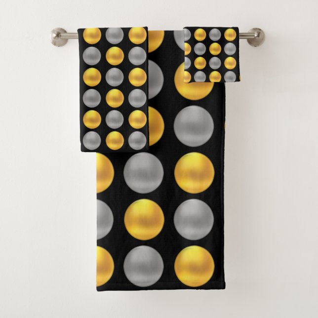 Modern Elegant Golden & Silver Dots on Black Bath Towel Set (Insitu)