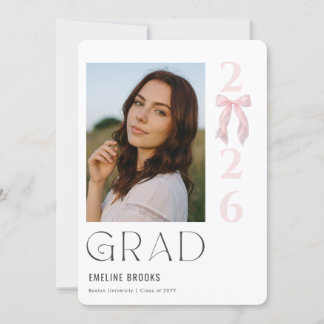 Modern Elegant Grad Photo Pink Bow Graduation Announcement