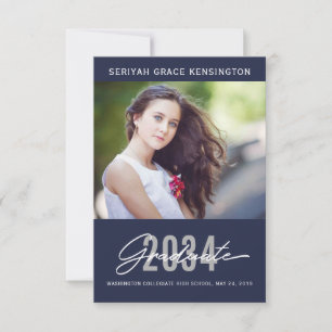 Modern Elegant Graduate   Blue Graduation Photo Announcement
