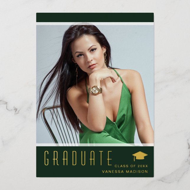 Modern Elegant Graduate Green Photo Foil Card (Front)