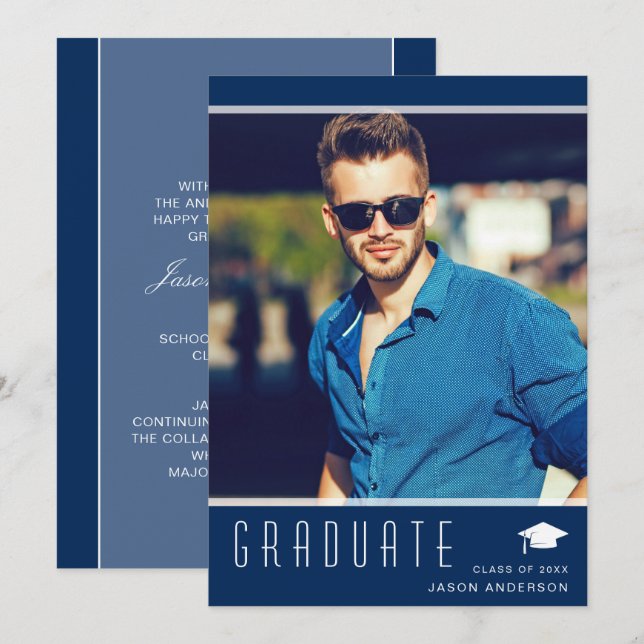 Modern Elegant Graduate Stylish Photo Blue Announcement (Front/Back)