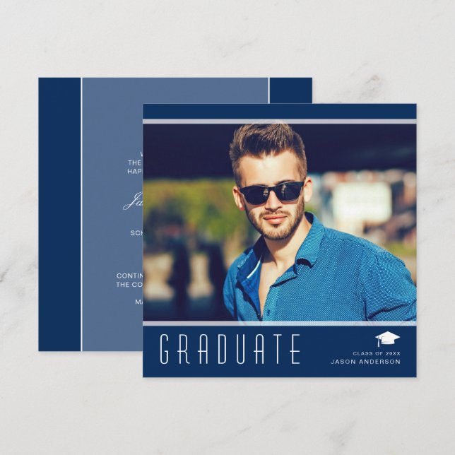 Modern Elegant Graduate Stylish Photo Blue & White Announcement (Front/Back)