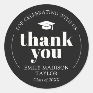 Modern Elegant Graduation Thank You Black Classic Round Sticker