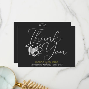 Modern Elegant Graduation white Cap Thanks Script  Thank You Card