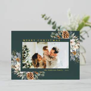 Modern Elegant Green Botanical Photo Christmas Foil Holiday Card