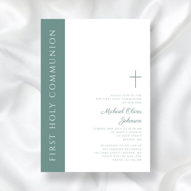 Modern Elegant Green Cross Boy First Communion Invitation (Modern Elegant Green Cross First Holy Communion Invitation)