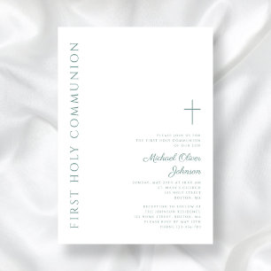 Modern Elegant Green Cross First Holy Communion Invitation