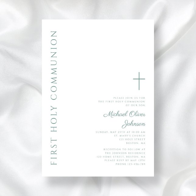 Modern Elegant Green Cross First Holy Communion Invitation (Modern Elegant Green Cross First Holy Communion Invitation)