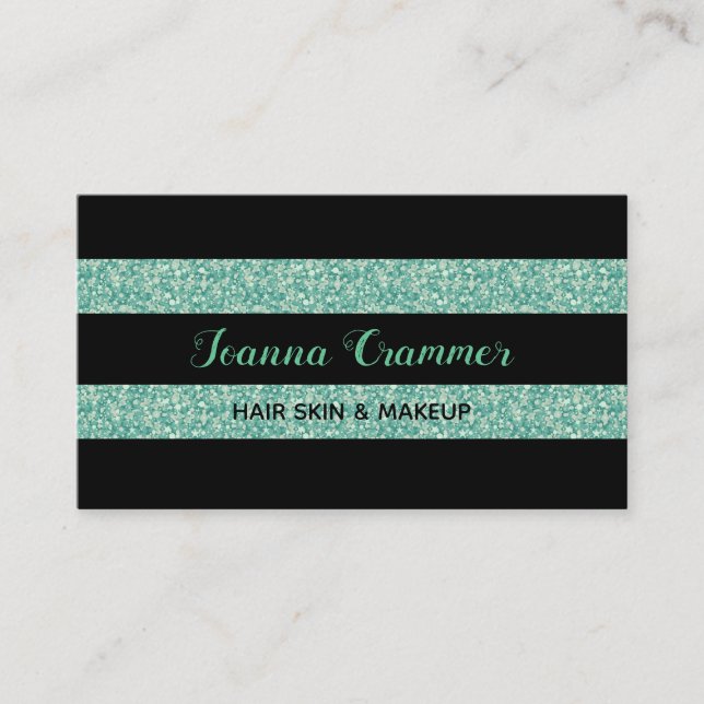 Modern Elegant Green Glitter And Black Stripes Business Card (Front)