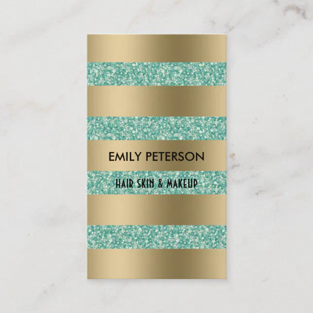 Modern Elegant Green Glitter And Gold Stripes Business Card | Zazzle