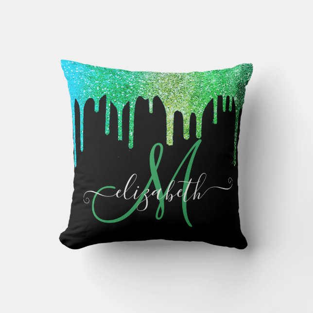 Modern Elegant Green Glitter Drips Black Monogram Cushion (Front)