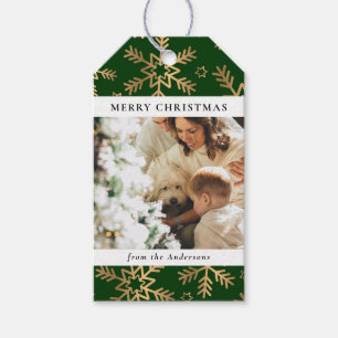 Modern Elegant Green Gold Christmas Family Photo Gift Tags