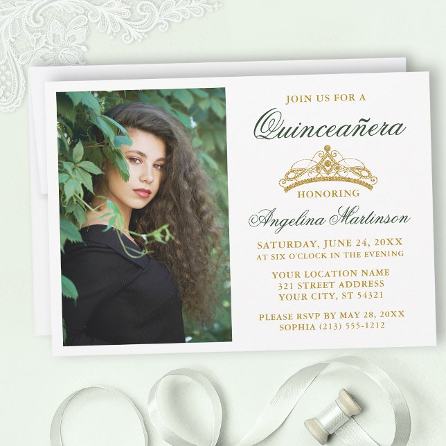 Modern Elegant Green Gold Crown Photo Quinceanera Invitation (Customize to change text size, style, color or to add text or more photos to back of card.)