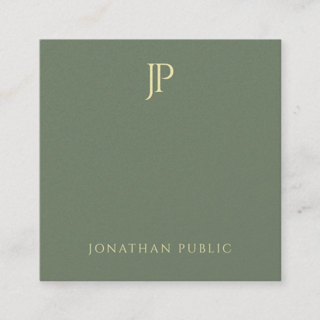 Modern Elegant Green Gold Monogram Premium Pearl Square Business Card (Front)