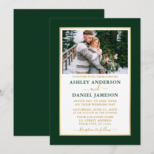 Modern Elegant Green Gold Wedding Invitation (Front/Back)