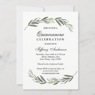 Modern Elegant Green Leaf Quinceanera Invite