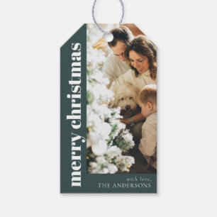Modern Elegant Green Merry Christmas Family Photo Gift Tags