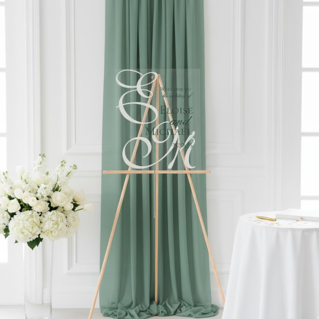 Modern Elegant Green Monogram Calligraphy Wedding  Acrylic Sign (Welcome guests in effortless style with this Sage Green Monogram Wedding Welcome Sign!)
