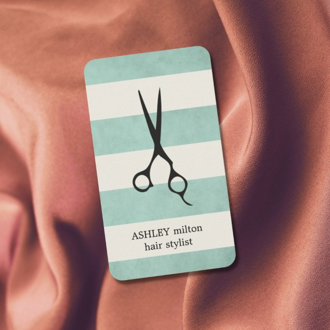 Modern Elegant Green Old White Stripes Hairstylist Business Card (Creator Uploaded)
