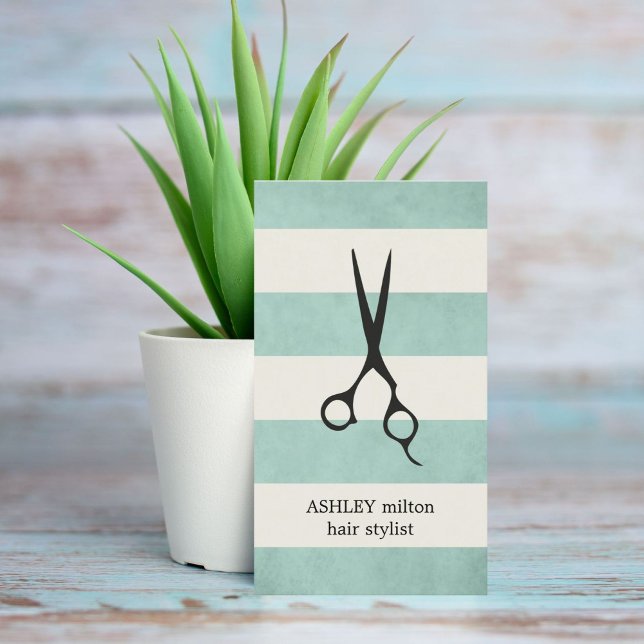 Modern Elegant Green Old White Stripes Hairstylist Business Card (Creator Uploaded)