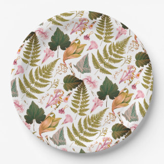 Modern elegant green spring leaves and flowers paper plate