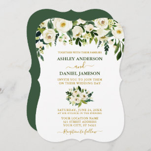 Modern Elegant Green White Floral Gold Wedding Invitation