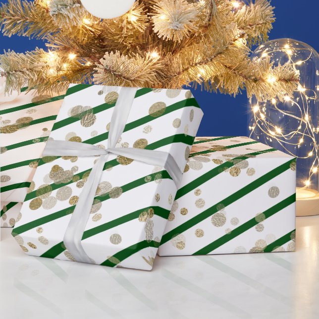 Modern Elegant Green White Stripe Gold Dots Wrapping Paper (Holidays)