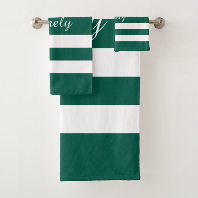 Modern Elegant Green White Stripes Pattern Name Bath Towel Set (Insitu)